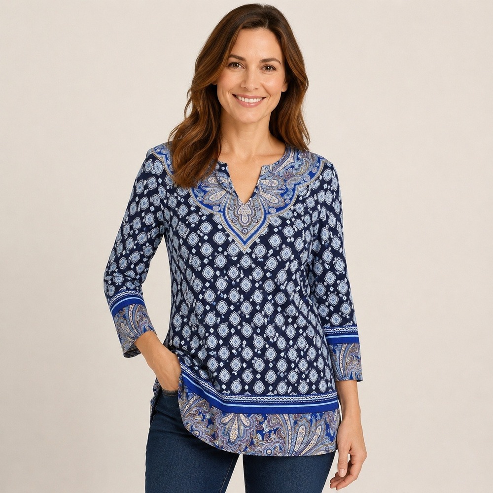 Chicos Blue Paisley Medallion Tunic Top 3/4 Sleeve Size 1‎ Medium